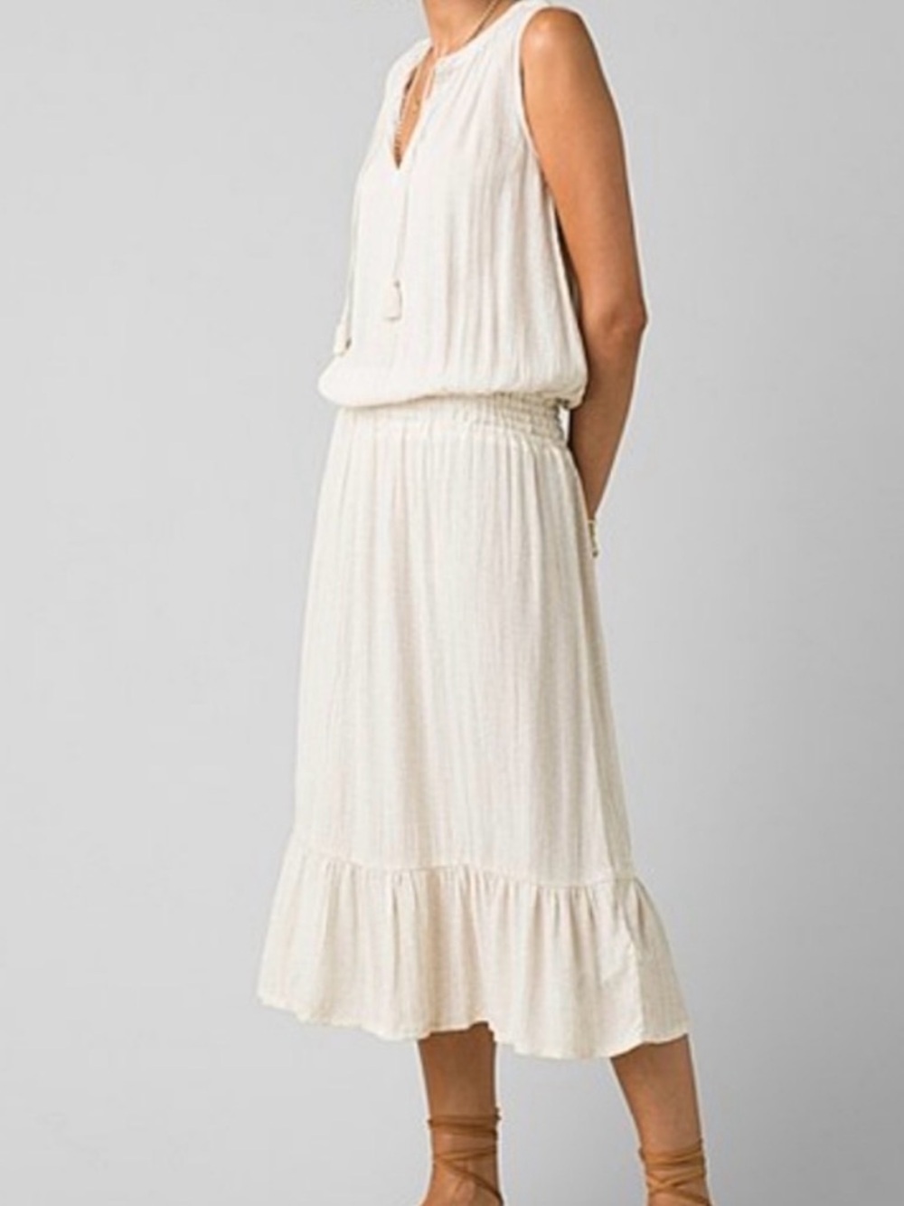 Prana Sleeveless Cream V‑Neck Tie Midi Dress
